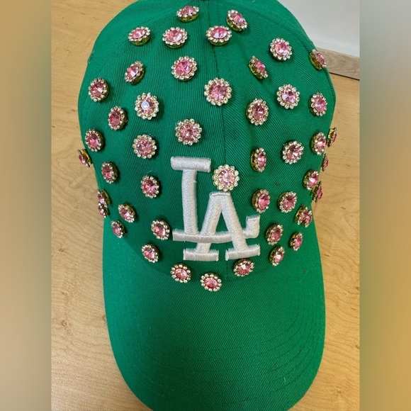 Custom LA Cap. New. Handmade. Green with pink stones. main image 4